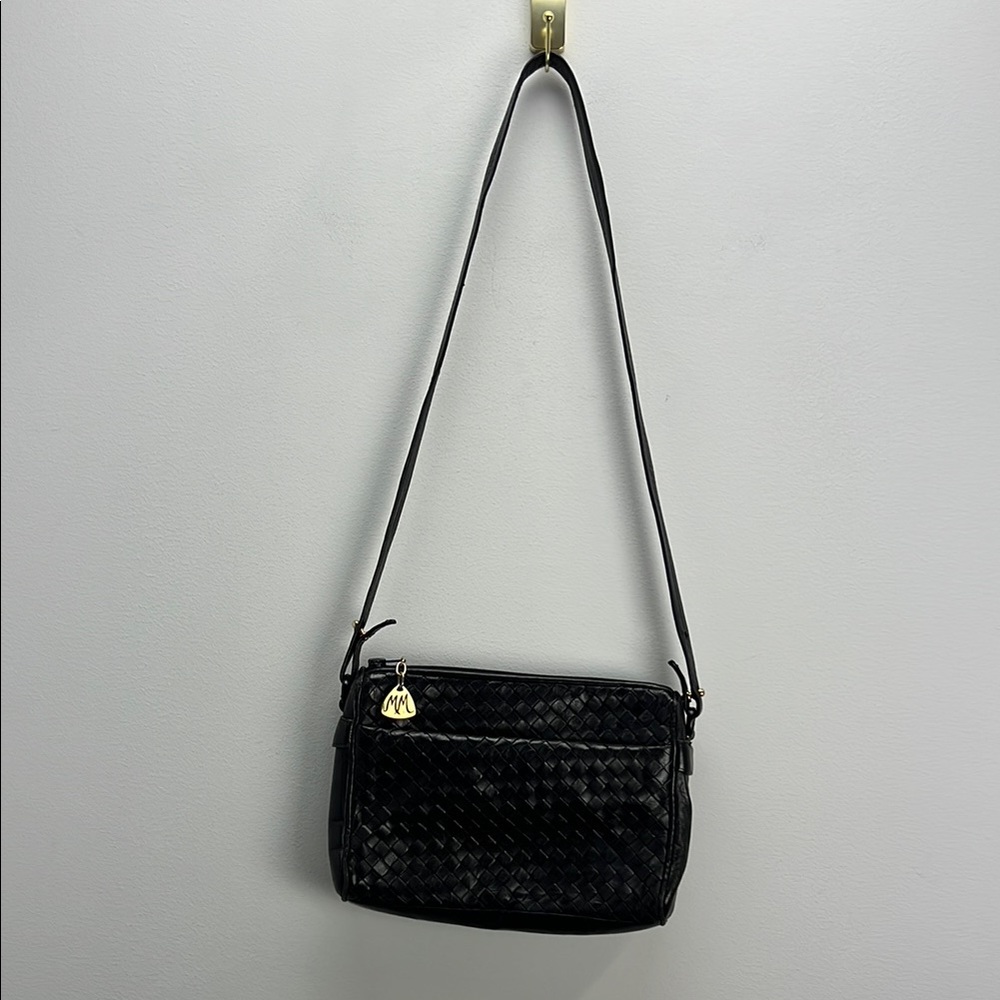 Vintage Morris Moskowitz Black Woven Leather Purse Crossbody Shoulder Bag Chic - Picture 2 of 10